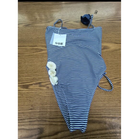 SAME LOS ANGELES One Piece Swimsuit Womens Stripped Sz Medium Flower Beige Blue - Picture 8 of 9